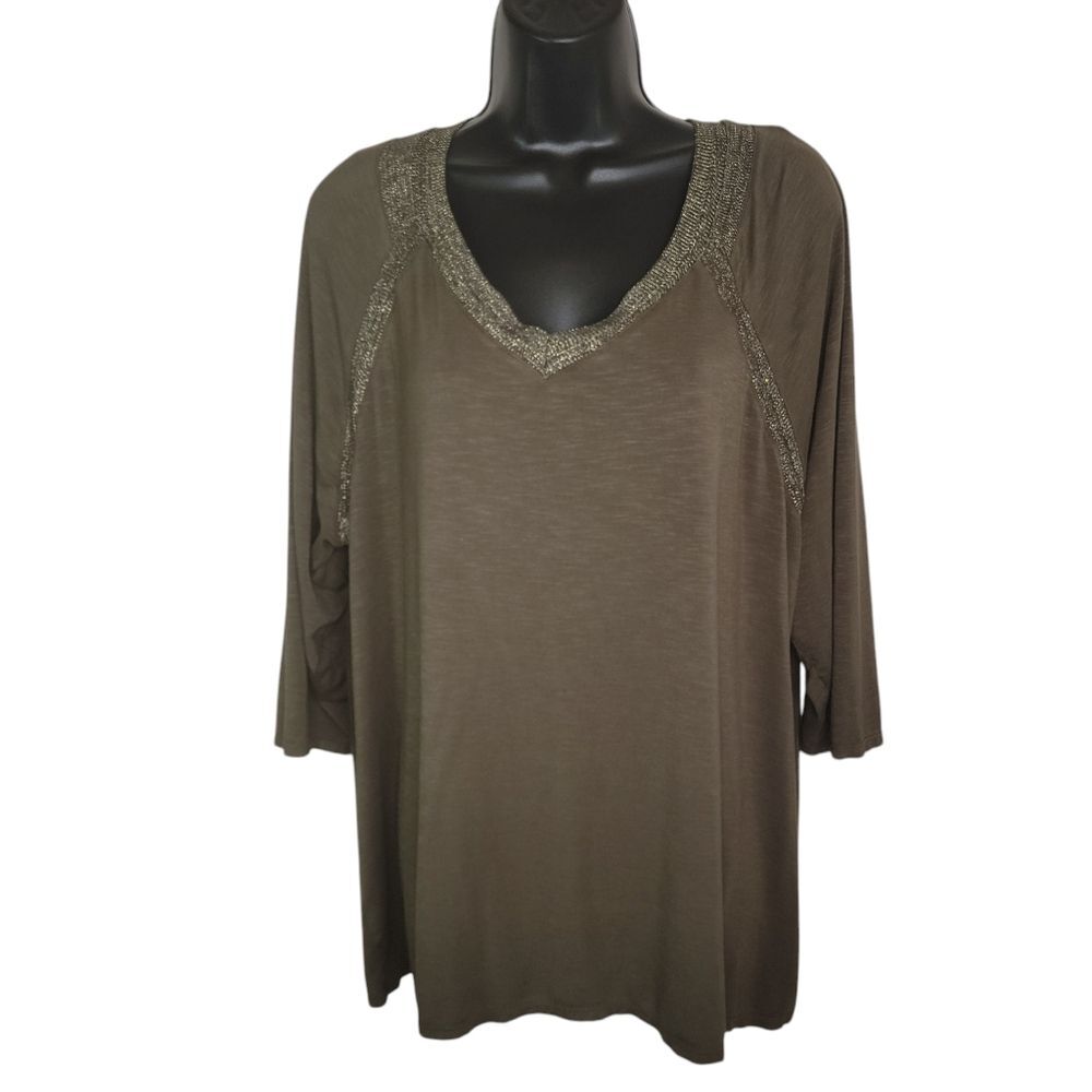 Rose + Olive Green Metallic Knit Detail 3/4 Sleeve Plus Size Tunic Top 1x